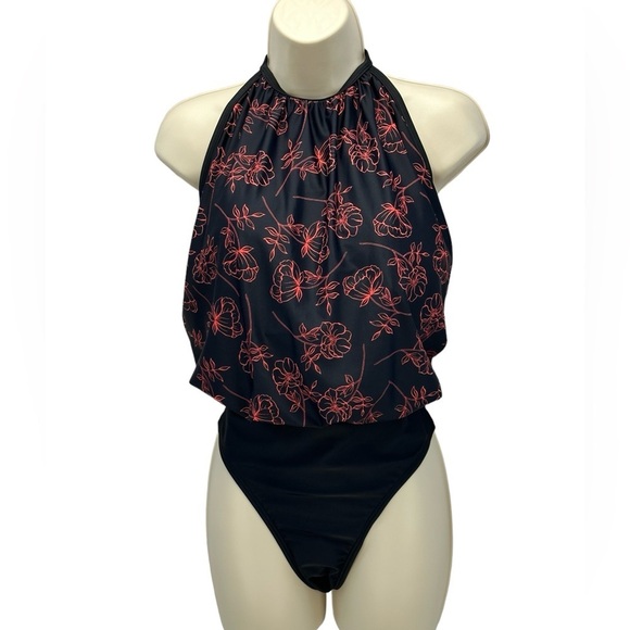 Calvin Klein Halter Floral Print One Piece Blouson Swimsuit - Black Red -size 14